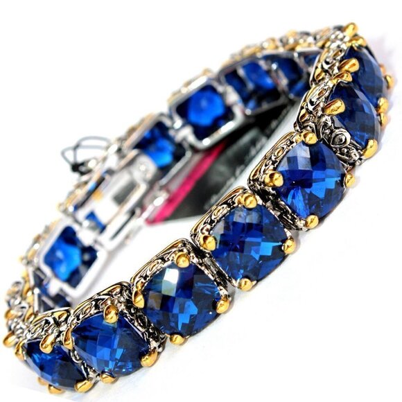 Cubic Zirconia Checkerboard Cut Dk. Sapphire Blue Throne Room Tennis CZ Bracelet - Picture 2 of 5